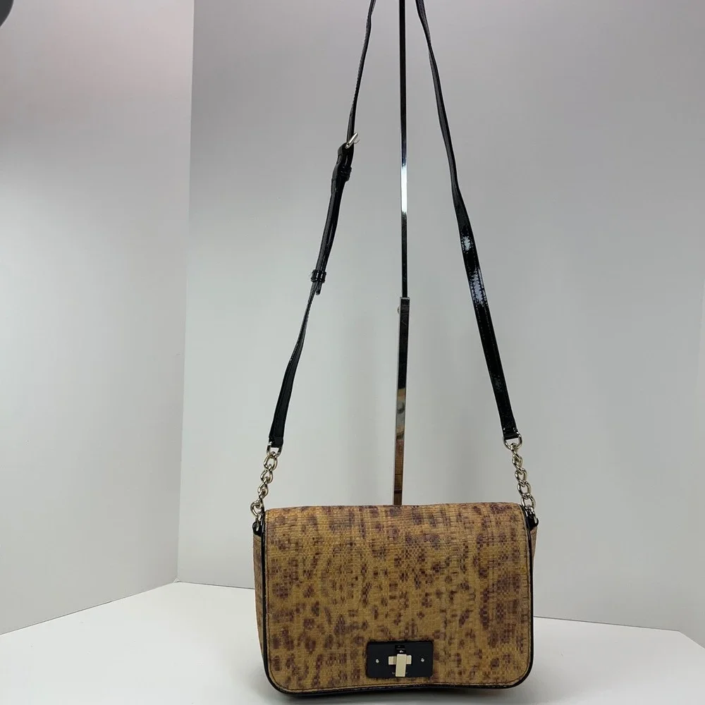 Kate Spade Woven Straw Crossbody Bag Gold Turn Lock Leopard Print Satchel Medium